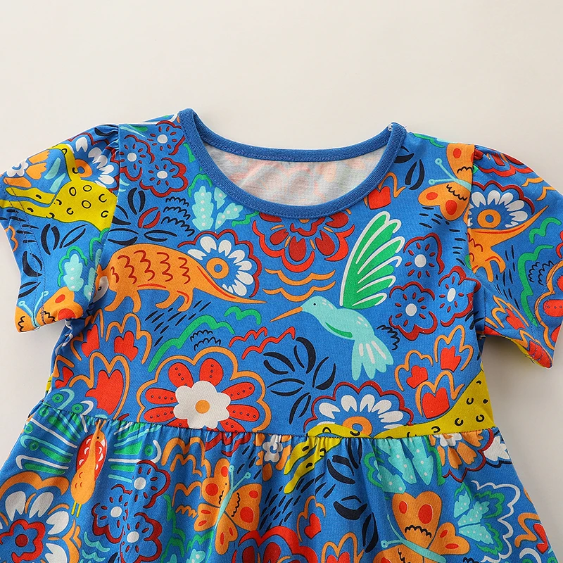 Single piece summer girls short sleeved dress casual cartoon jungle animal print princess dress 2-7Y