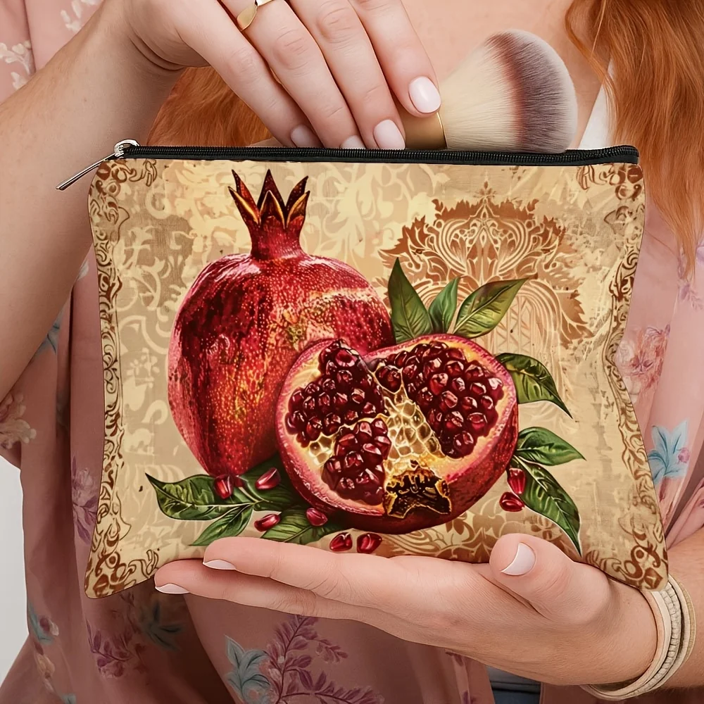 Women Pomegranate Print Folding Makeup Bag Lightweight Zippered Toiletry Organizer with Bright Suitable for Travel Storage Bags