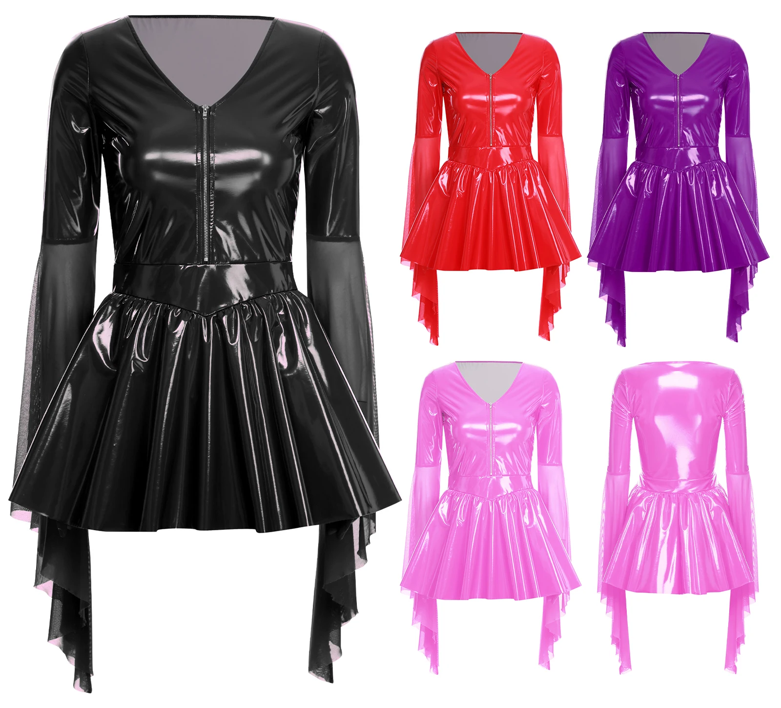 

Sexy Women Latex Punk Dress Deep V Neck Mesh Long Sleeves Mini Dress Shiny Faux Leather Dress Halloween Costume Party Club Wear