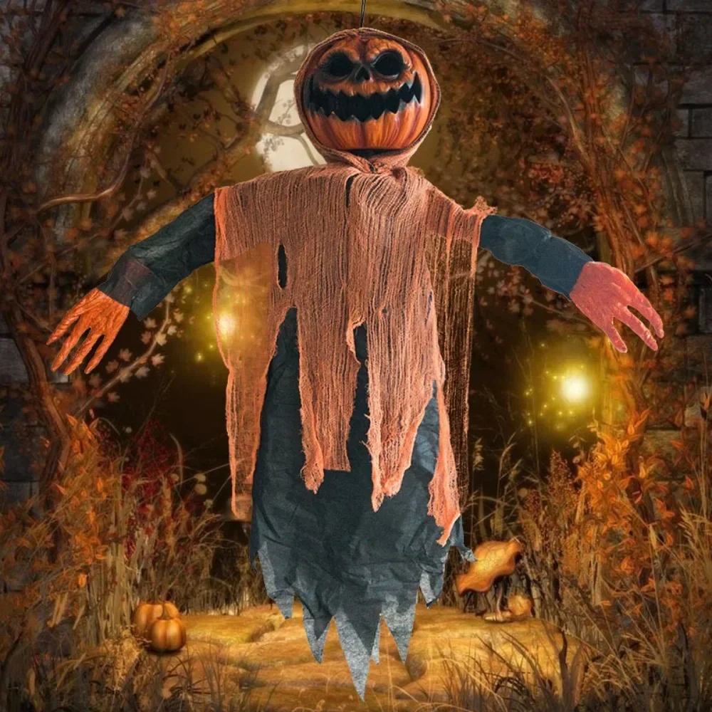 Halloween Large Hanging Pumpkin Head Flying Scarecrow Horror Scream Glow Skull Prop Voice Control Outdoor Garden Yard Decoration