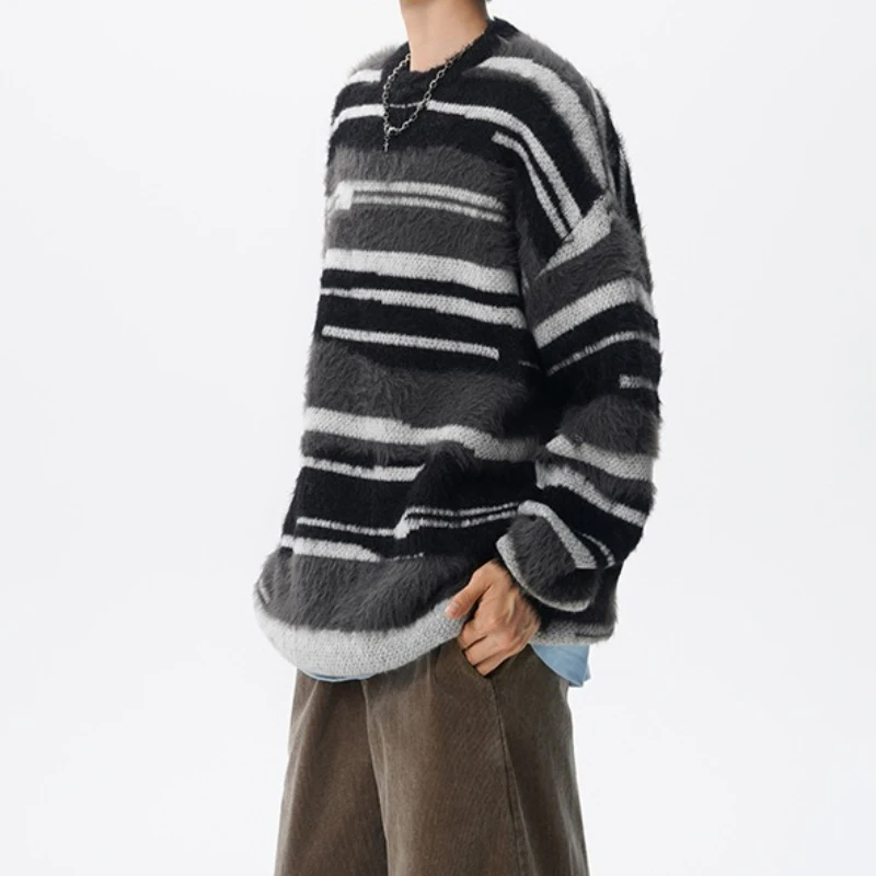 Bild 5: Herrenmode Fuzzy Gestreifter Pullover Lässiger lockerer warmer Strickpullover Top für Herbst Winter Streetwear