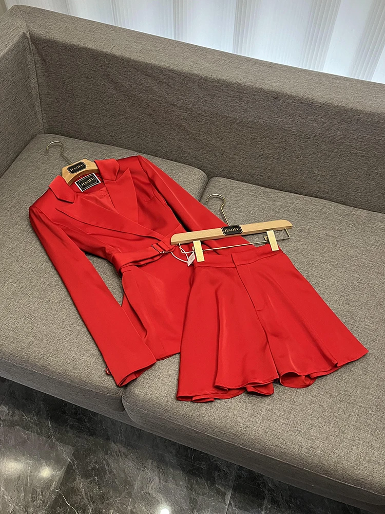 

Новое поступление, красный женский повседневный костюм, модный корейский свободный крой с поясом, офисная одежда, ансамбль JF-2025