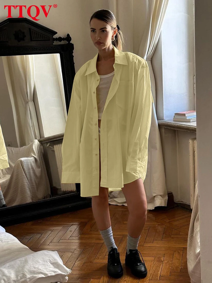 

TTQV Fashion Loose Yellow Cotton Women's Blouse 2025 Casual Lapel Long Sleeve Shirt Elegant Simple Solid Top Female Clothing