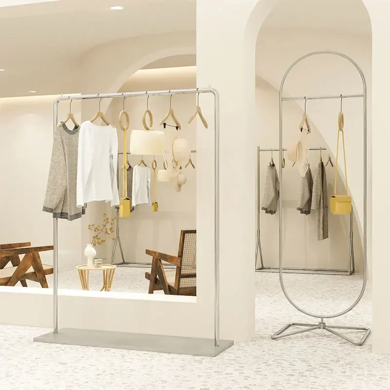New Model Classic Clothing Store Zhongdao Rack With Plate Display Rack Stainless Steel Silver Clothing Rod Floor Type