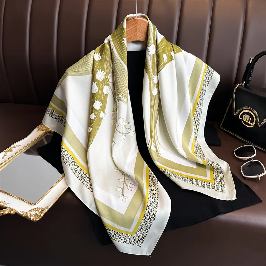 New Fashion Luxury Printing 90*90CM Women Scarf Satin Twill Square Big Shawl Elegant Headscarf Camellia Soft Neck Tie Bandana