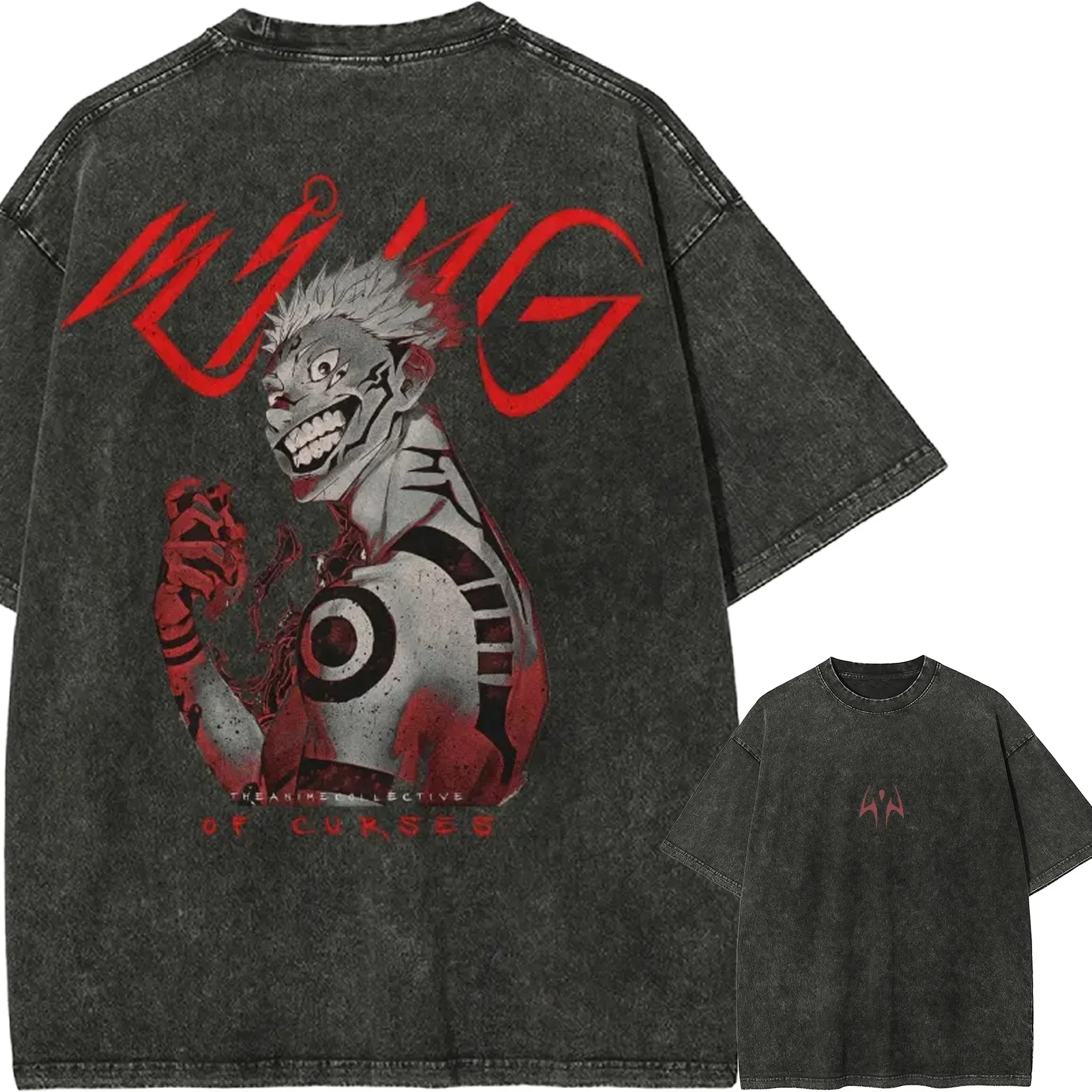 Ryomen Sukuna Heart T-shirt Jujutsu Kaisen Tee Vintage Washed Oversized Retro Anime Harajuku Streetwear King of Curses Mens Tops