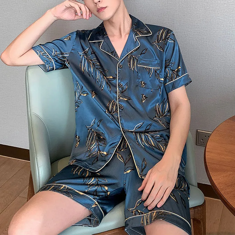 Men Pajama Sets 2023 Summer Sleepwear Ice Silk Satin Short Sleeve Pyjamas Suit Loose Loungewear Male Casual Homewear L-5XL