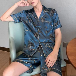 Men Pajama Sets 2023 Summer Sleepwear Ice Silk Satin Short Sleeve Pyjamas Suit Loose Loungewear Male Casual Homewear L-5XL