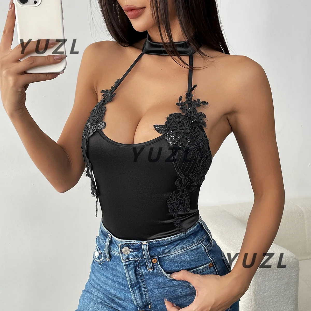 

Новинка 2025, хит продаж, атласная наклейка на шею, модный простой сексуальный тонкий комбинезон с открытой спиной, 71004