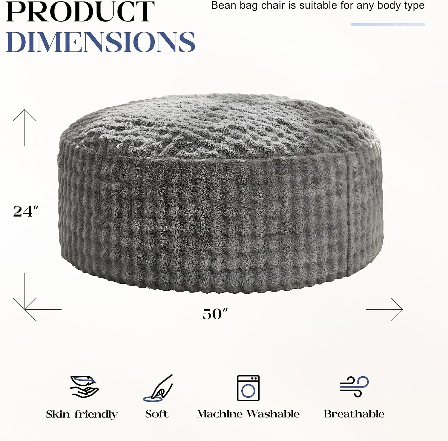 Bean Bag Chair With Filler Large Memory Foam Beanbag Chairs Soft Fluffy Cover Machine Washable Single Lounge Armchair Sofa Furniture For Living Room Bedroom Grey
