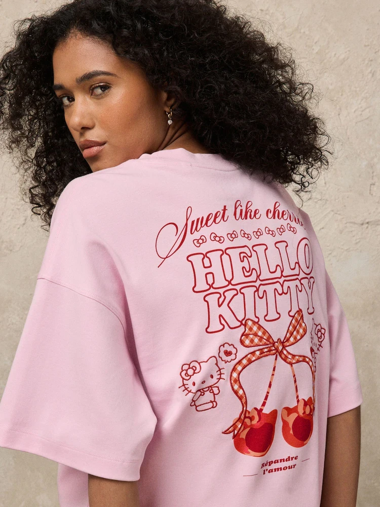 Hello Kitty T Shirt Kawaii Oversized Tee Cherry Bow Sketch Print on Back Short Sleeve Crew Neck Women Light Pink Casual Tops