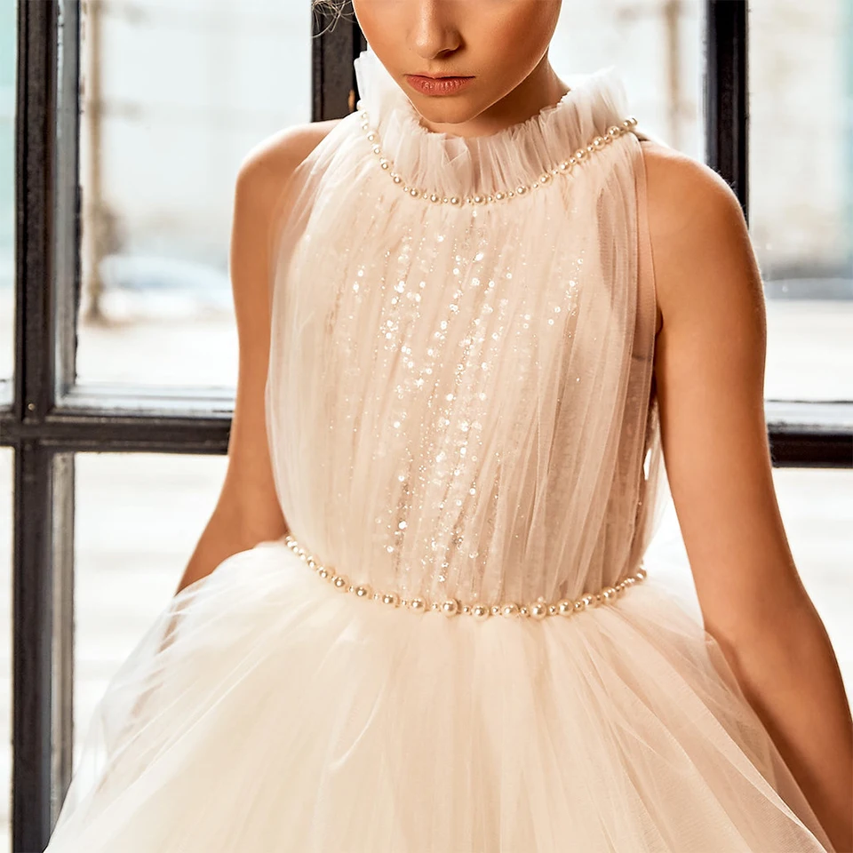 Customized Elegant Pearls Beaded High Neck Ball Gown Flower Girl Dress 2025 Tulle Tiered Birthday Party Kid First Communion Gown