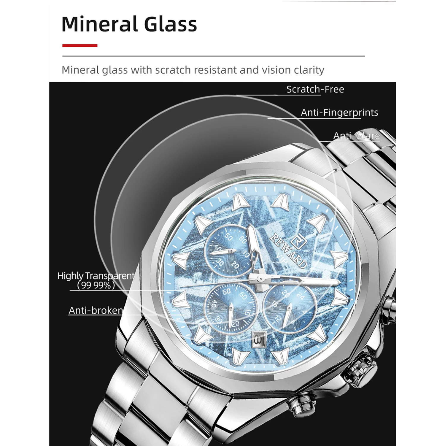 REWARD Ice Blue Quartz Watches for Men Waterproof Luminous Chronograph Watch Stainless Steel reloj hombre