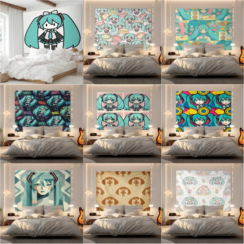 かわいいちび初音ミクタペストリー壁掛けタペストリーウォールブランケット背景装飾hdプリントティーン向け寝室リビングルーム寮用