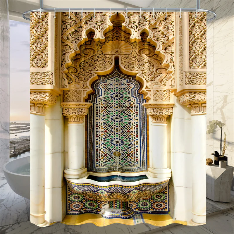 Moroccan Architecture Design Shower Curtain Garden Decorative Curtains Waterproof Fabric Bath Curtain with 12 hooks