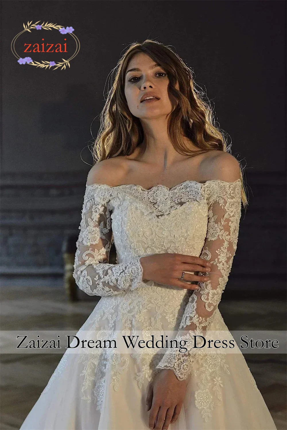 

Customized Luxury Off Shoulder Wedding Dress Long Sleeves Appliques Button Princess A-line Bridal Gown Vestido de novi