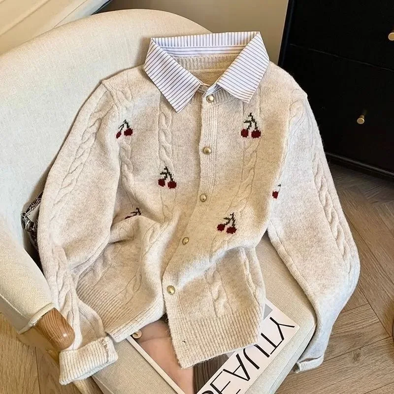 

Осенний ретро-цветочный искусственный двухсекционный рубашечный воротник, вязаный кардиган, женские свободные повседневные универсальные трикотажные топы, женские топы