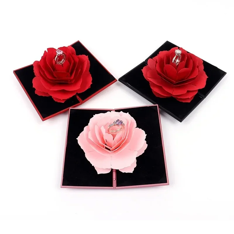 Blooming Rose Ring Display Box Creative Rotating Romantic Engagement Ring Gift Box Valentine's Day Wedding Gifts