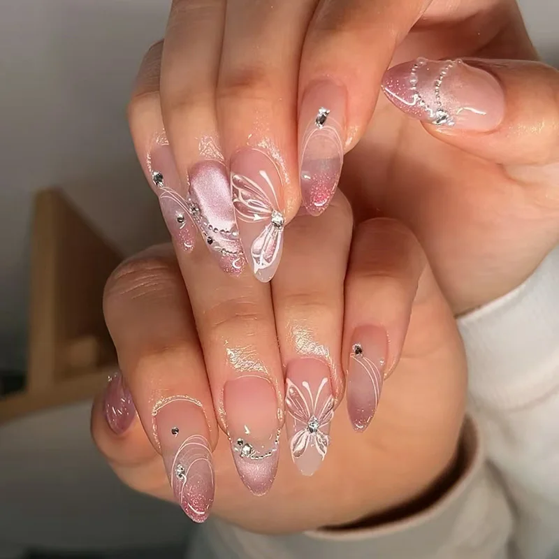3D fake nails for women girls flowers butterfly print with rhinestones pearls design almond shape reusable press on false nail