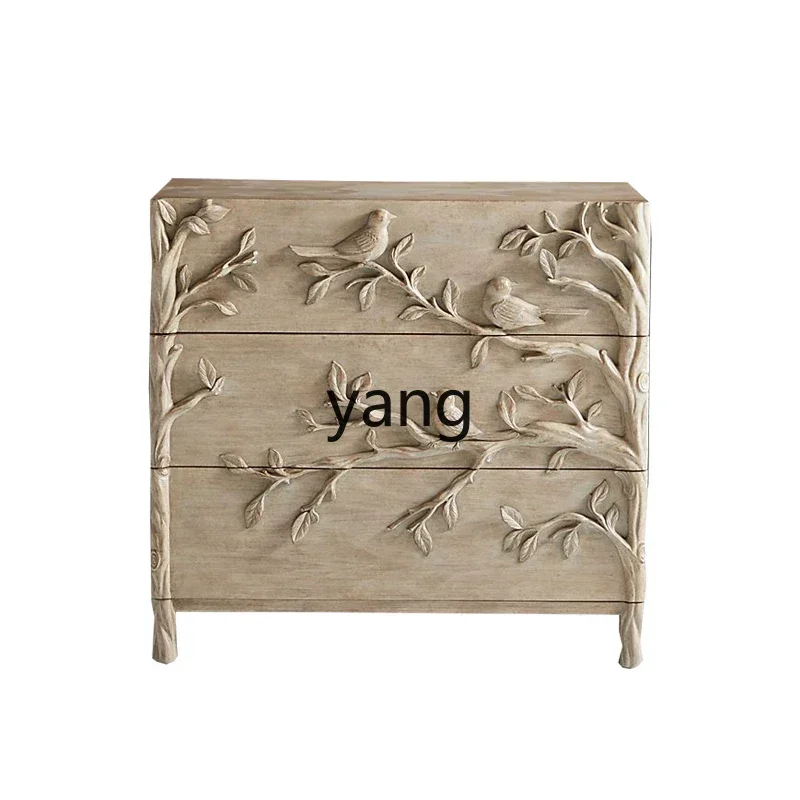 CX  all solid wood retro bird song and flower fragrance relief craftsmanship three bucket cabinet storage cabinet