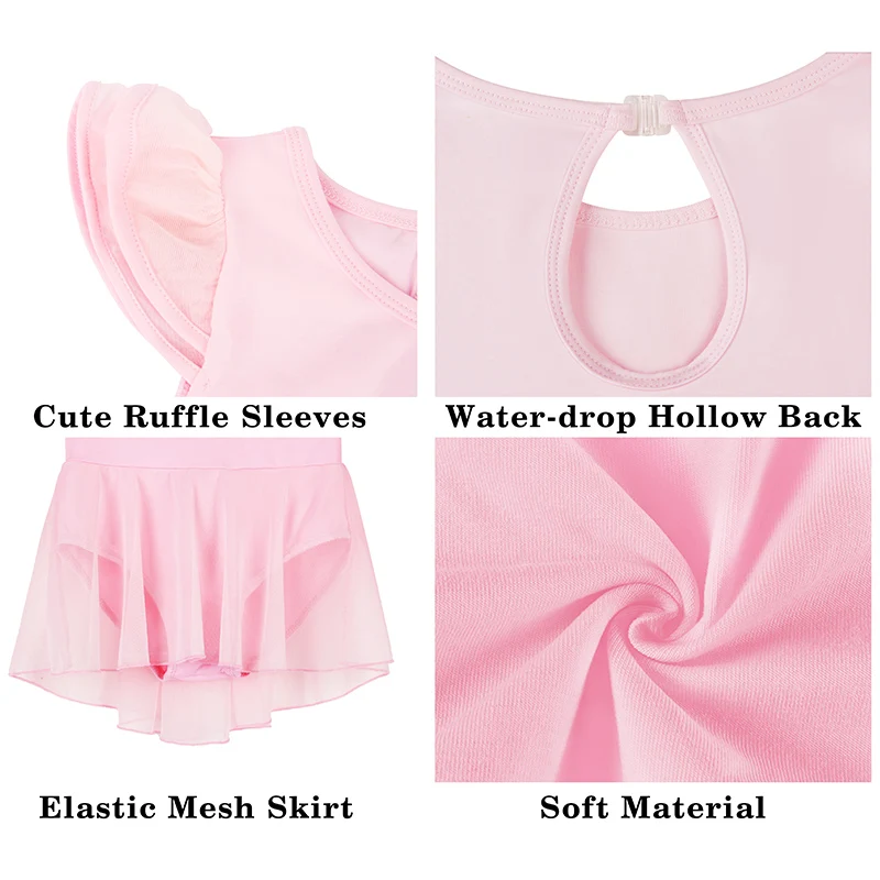 

Girls Ballet Leotard for Dance Skirted Dresses with Ruffle Sleeves Hollow Back Mesh Hi-low Skirt