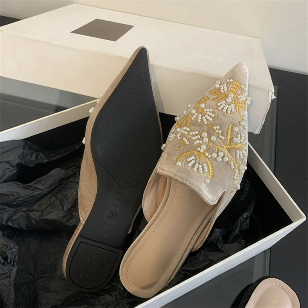 Aneikeh Summer Women Flat Slippers Pointed Bead Embroidery Roman Style Shallow Mouth Velvet Mules Shoes Slip on Female Slides
