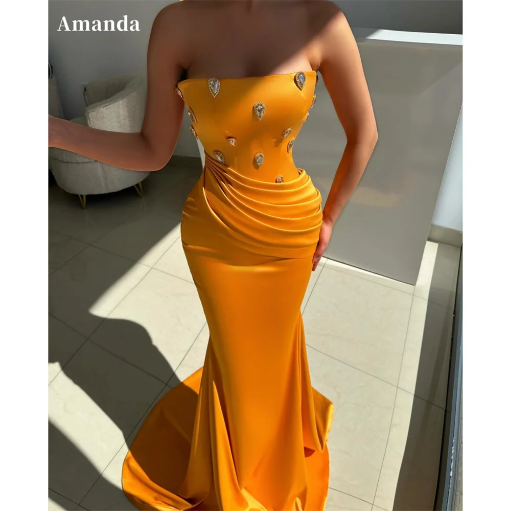 

Amanda Customized Mermaid Strapless Draped Prom Dresses Crystal Sleeveless vestidos de noche Satin Floor-Length Formal Evening