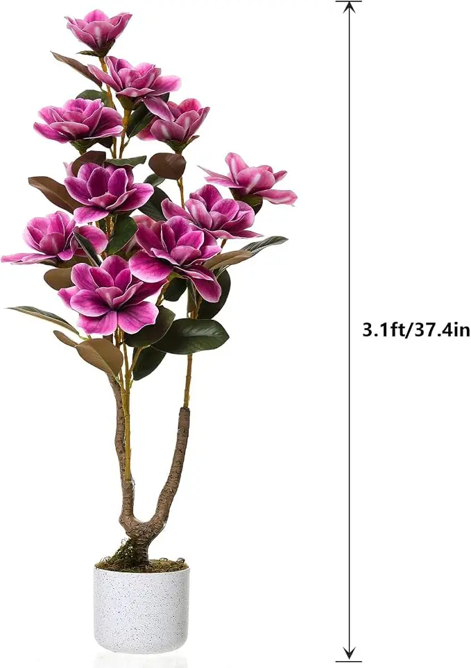 95 cm – sztuczne drzewo magnolii, realistyczna sztuczna magnolia grandiflora w białej doniczce, dekoracyjna sztuczna roślina kwitnąca w doniczce do domu i biura, różowa.