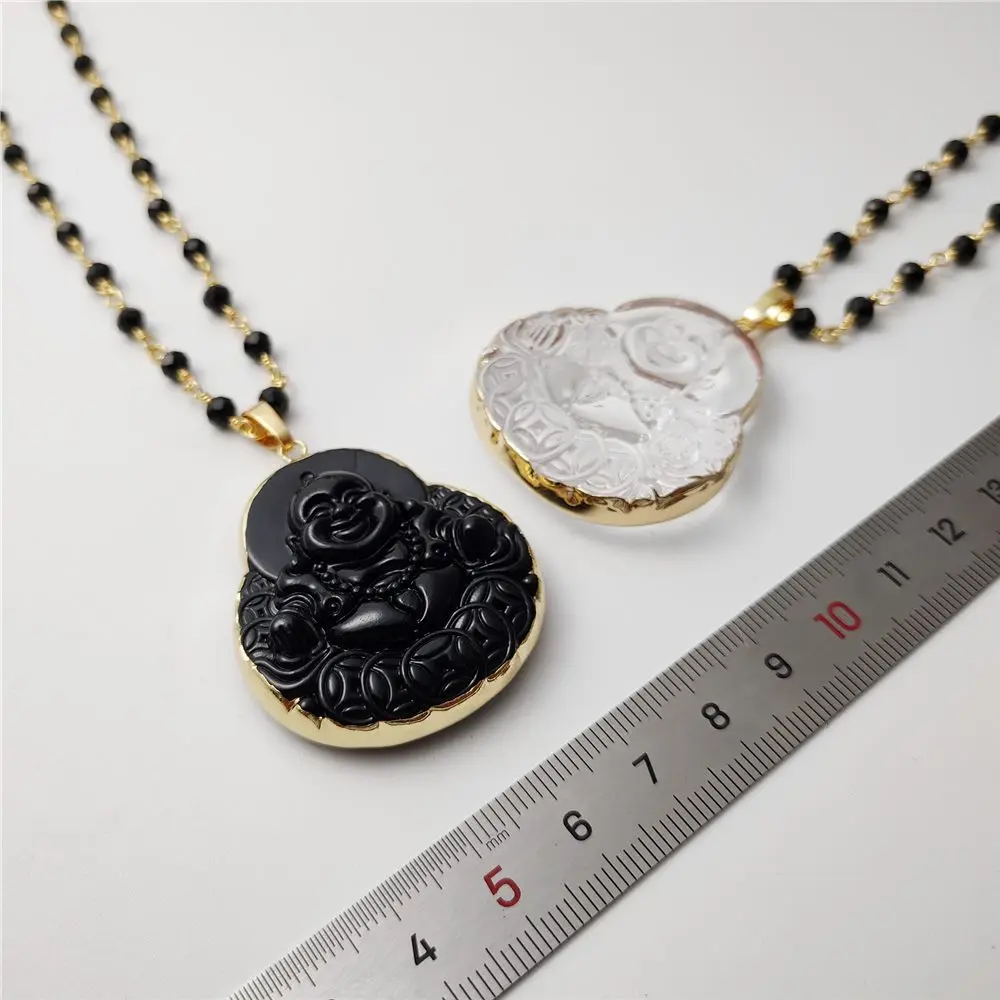 FUWO 1Pcs Cute Synthetic Quartz Maitreya Necklace, Golden Plated Glass Buddha With Black Beads Winding Chain Faith Jewelry NC103