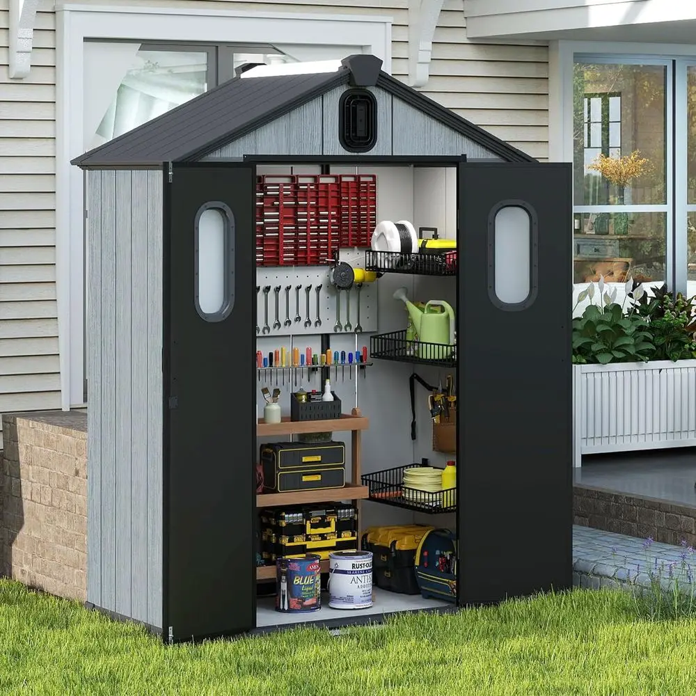 

5x3T Outdoor Plastic Storage Shed with Clear Windows, Louvered Vents, Double Lockable Doors, Grey