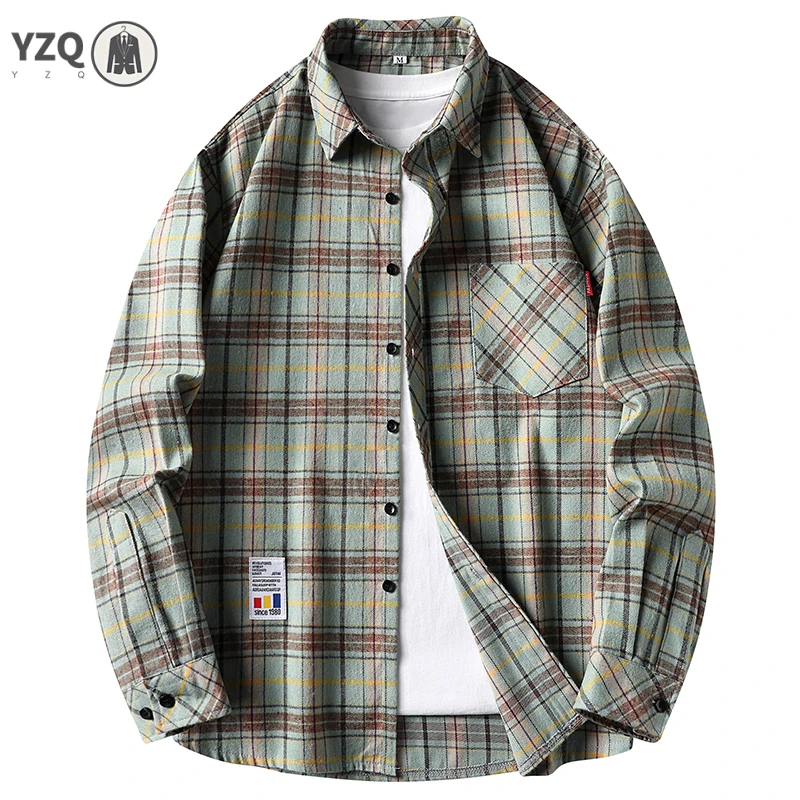 Outdoor Leisure Plaid Shirt Men Turn Down Collar Chest Pocket Lightweight Fabric Street Fashion Daily Blouse