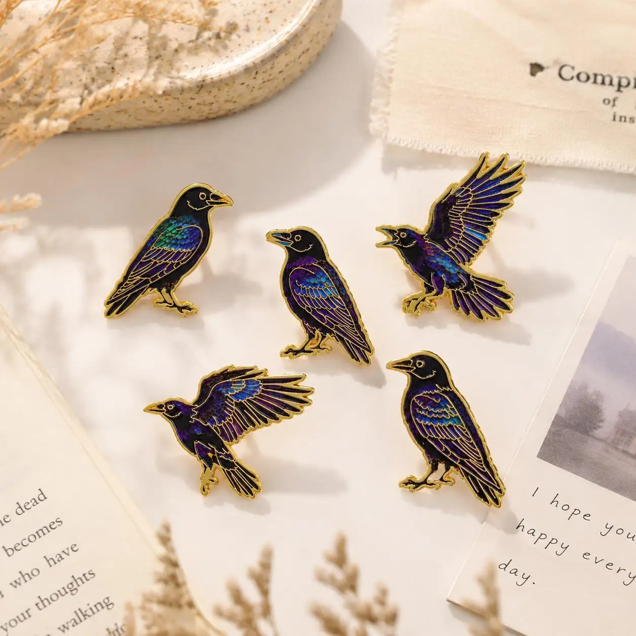 5pcs Punk Enamel Pin Set Cartoon Crow Brooch For Coat Halloween Brooches Collar Lapel Pins Metal Badges Jewelry Party Gift