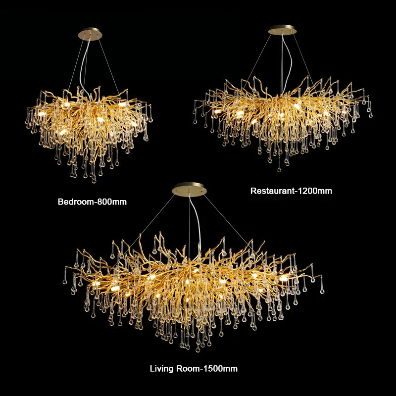 

Gold Water Drop Luxury Ceiling Chandeliers Modern Branches Lustre Living Dining Room Hotel Hall Decor Pendant Lights Suspension