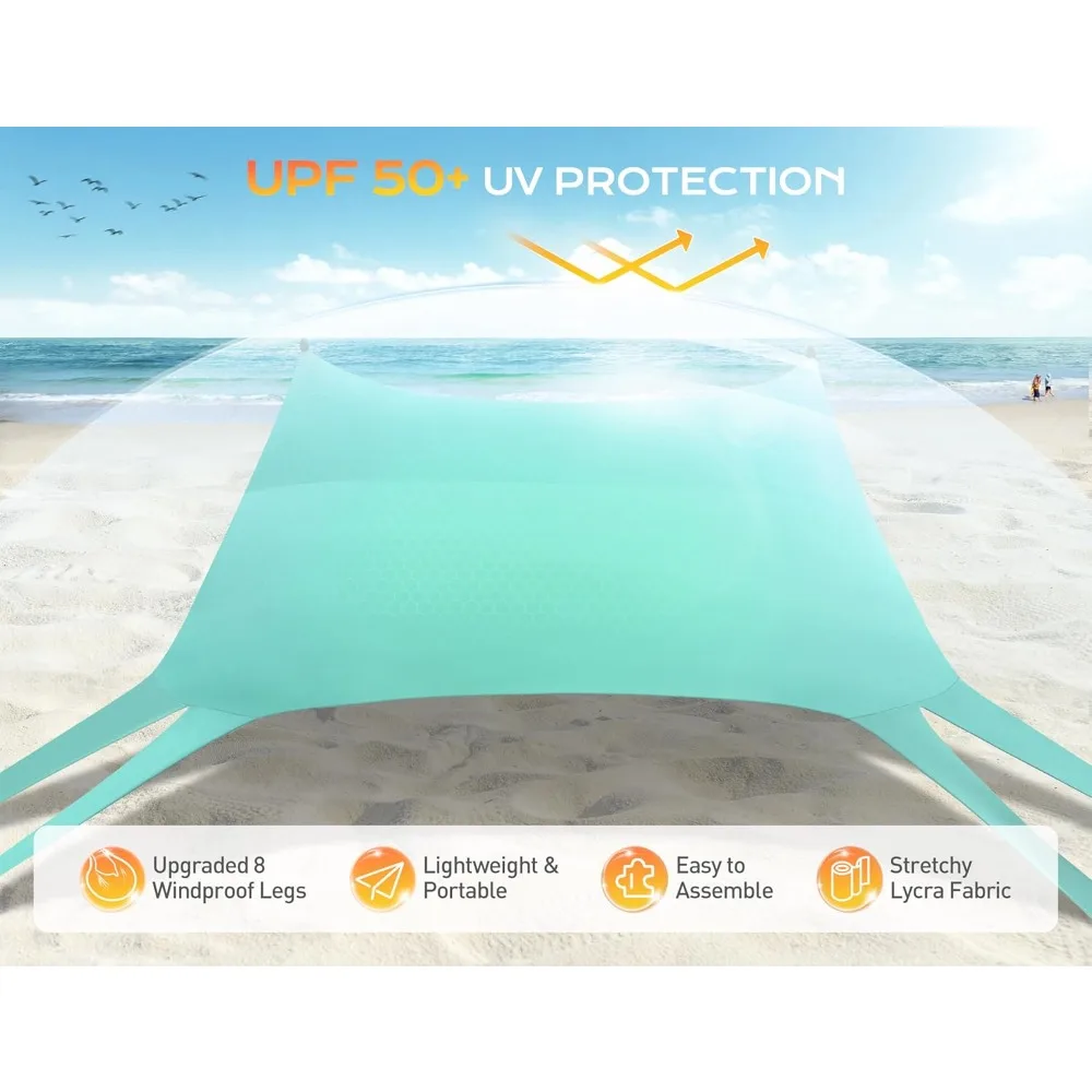 Tragbares Strandzelt mit über 50 UPF-UV-Schutz, 10 x 10 Fuß Sonnenschutz, inklusive 8 Sandsäcken, Schaufeln und Erdnägeln
