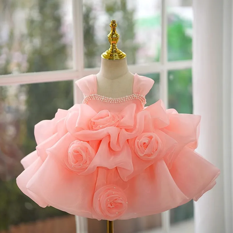 2024 New Girl's Pearl Flower Princess Dress 1-12 Year Old Fashion Bow Cake Dress Birthday Party Host High end Performance Dress