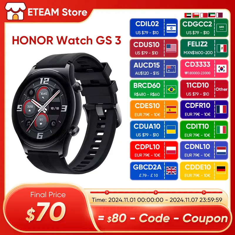 

NEW HONOR Watch GS 3 Smart Watch 8 channel GPS Accurate Heart Rate Blood Oxygen Monitor Engine All-weather AMOLED Screen GS3