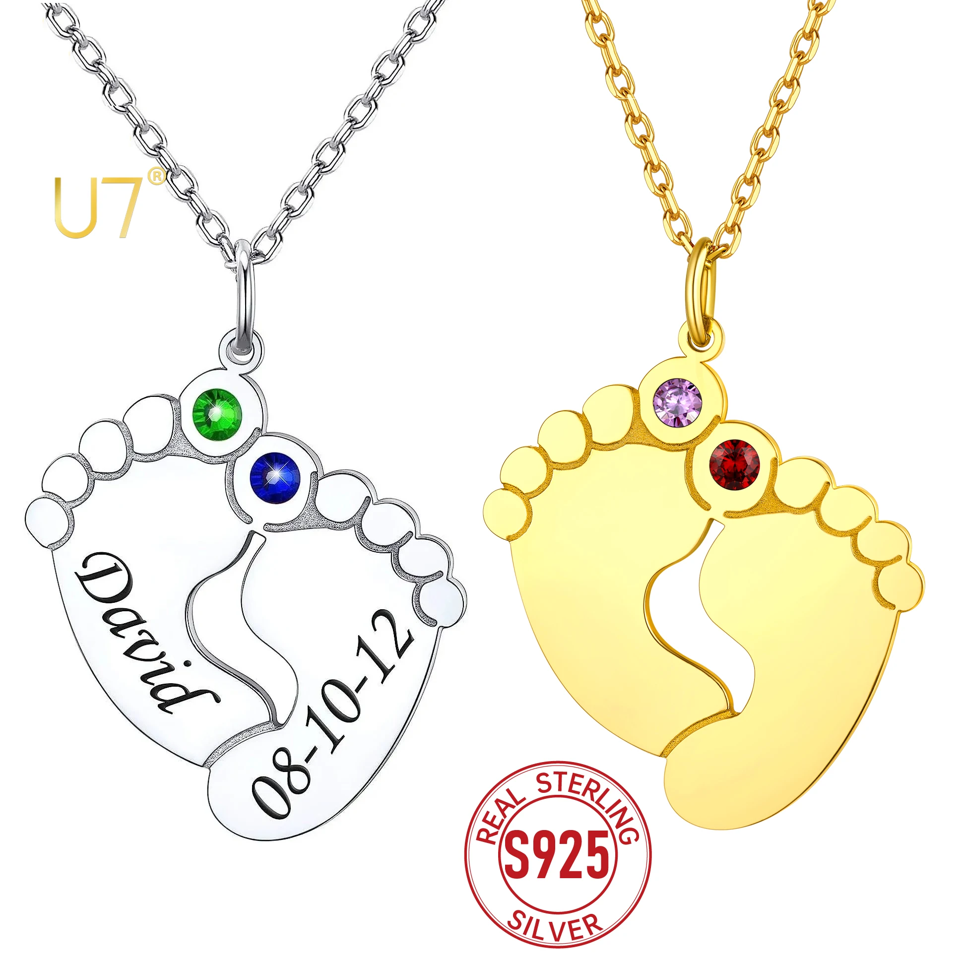 

U7 925 sterling Silver Custom Birthstones Footprint Pendant Necklace for woman Name Date engrave Birthday Gift for Mother