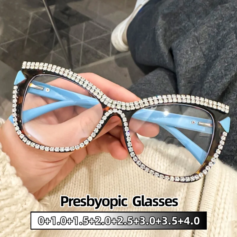 

Diamond Setting Frame Cat-eye Reading Glasses Women Fashion Blue Light Blocking Eye Protection Far Sight Eyeglasses Men 0 To+4.0