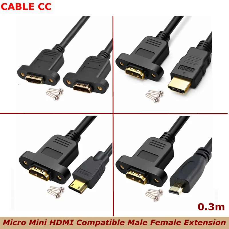 0.3M 1FT Micro&Mini HDMI-Compatible Male to HDMI Micro HDMI Female Extension Connector Screw Lock Panel Mount HD AV Camera Cable