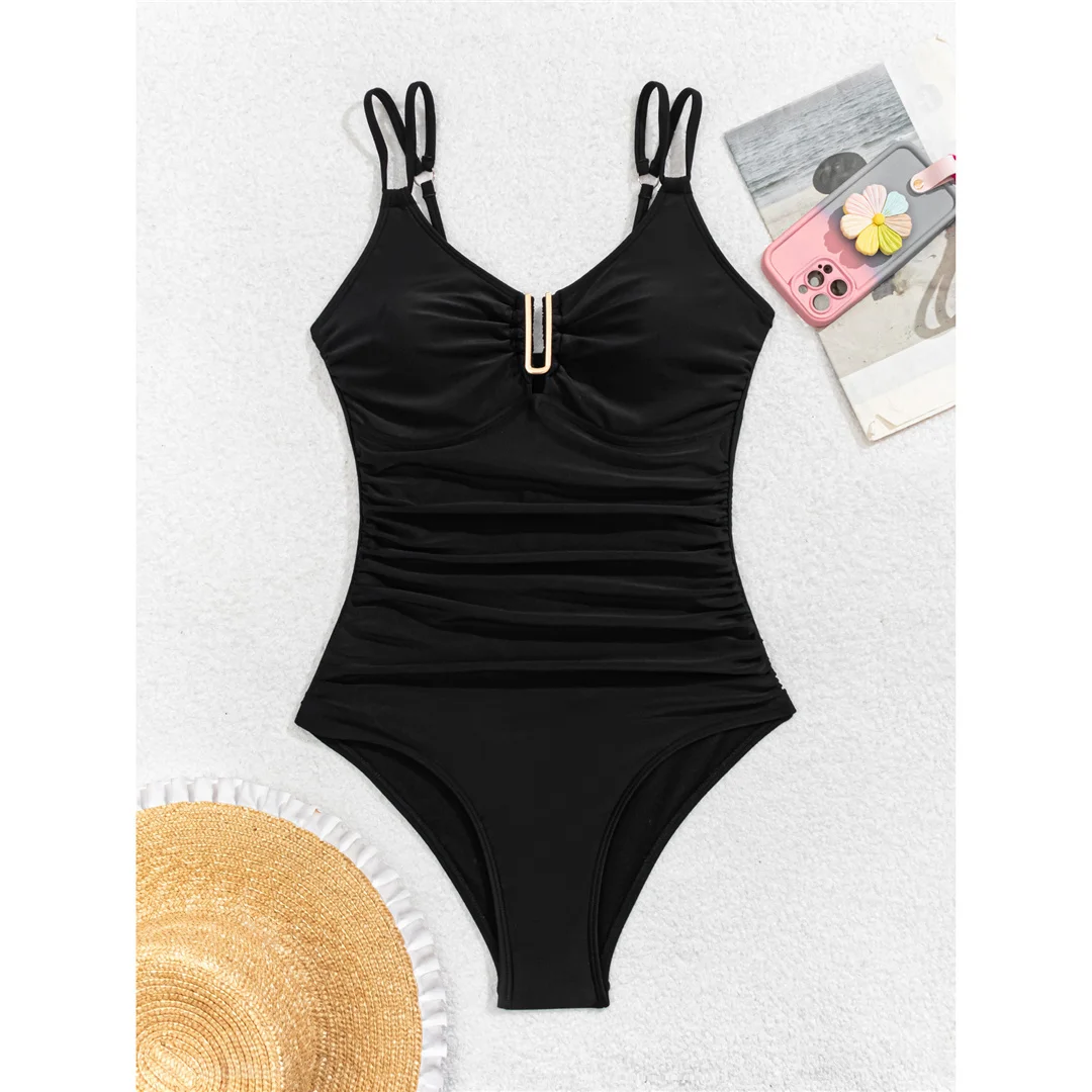 S - XL Neuer U-Ausschnitt, geraffter, hoch geschnittener Badeanzug, einteiliger Badeanzug für Damen, Badebekleidung, Monokini, gepolsterter Badeanzug, Badeanzug, Modell V6514. – Detail 4