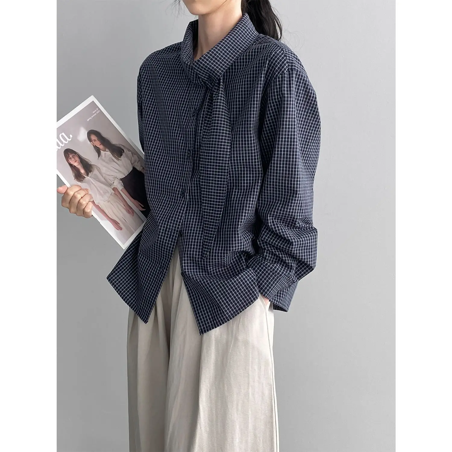 

SuperAen Korean Style Bow Stand Collar Casual Shirt for Women 2025 Autumn New Office Lady Cotton Loose Tops