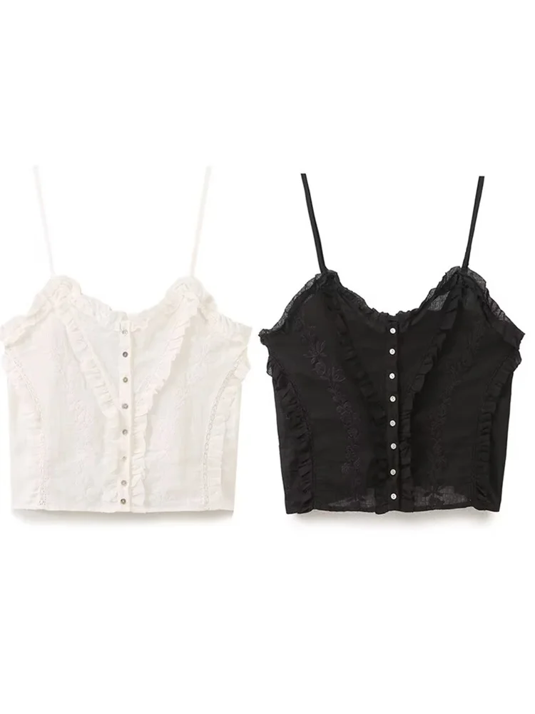 Zevity Women Sexy Lace Stitching Floral Embroidery Short Blouse Female Chic Single Breasted Sling Vest Shirt Blusas Tops LS6255
