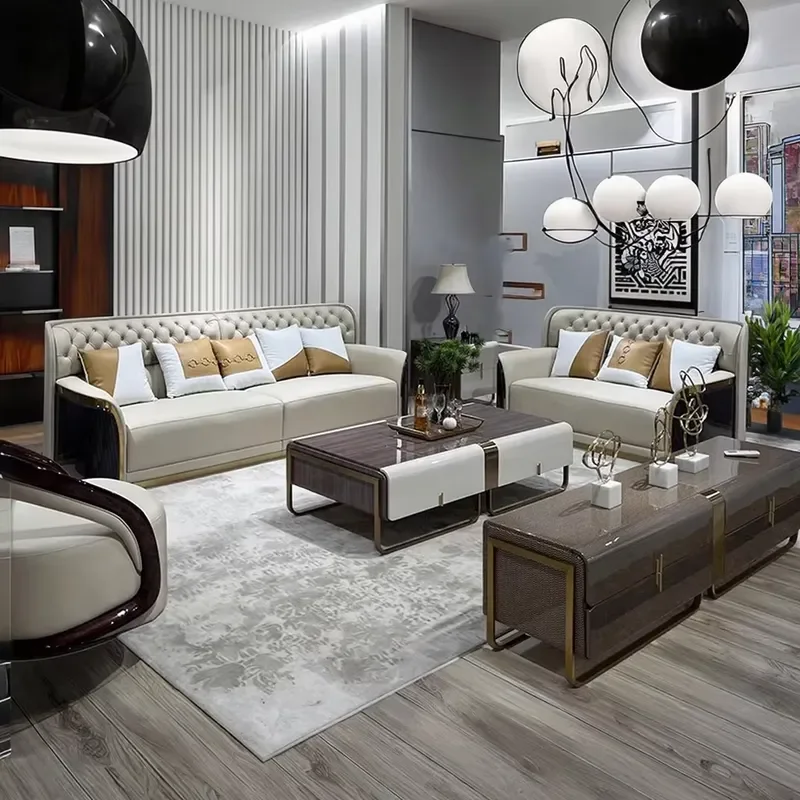 Post-Modern Italian Leather Tufted Sofa High-End Solid Wood Customization for Large Apartments Italian Villa Living
