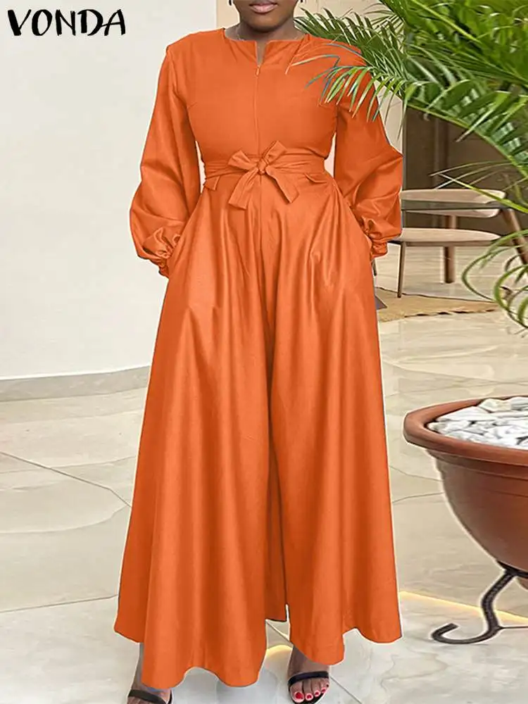 

VONDA Elegant Women Jumpsuit 2024 Casual Rompers Spring Autumn Long Lantern Sleeve Zipper Up O-Neck Wide Leg Pants Belted