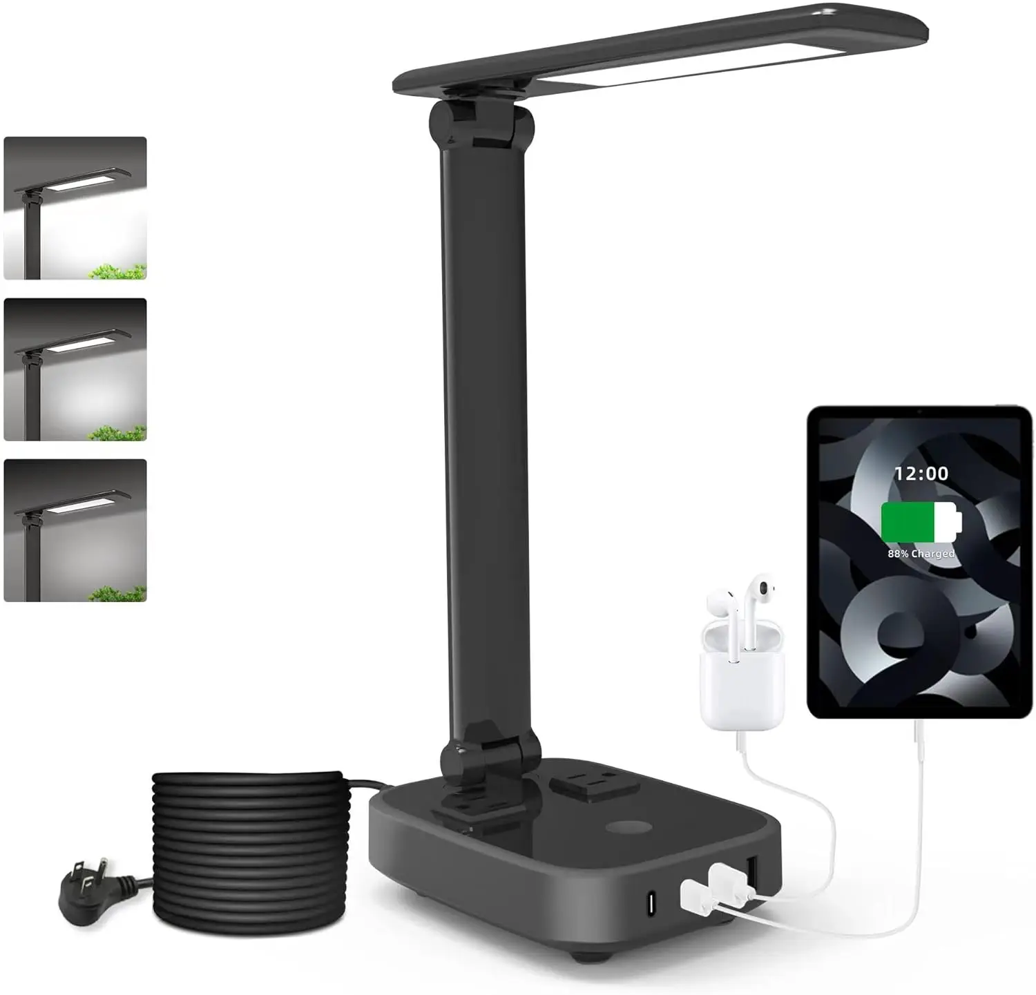 

LED Desk Lamp with 4 USB Ports, 2 AC Outlets, 5ft Cord, 3-Level Brightness, Touch Dimmer - Office, Bedroom, Hotel