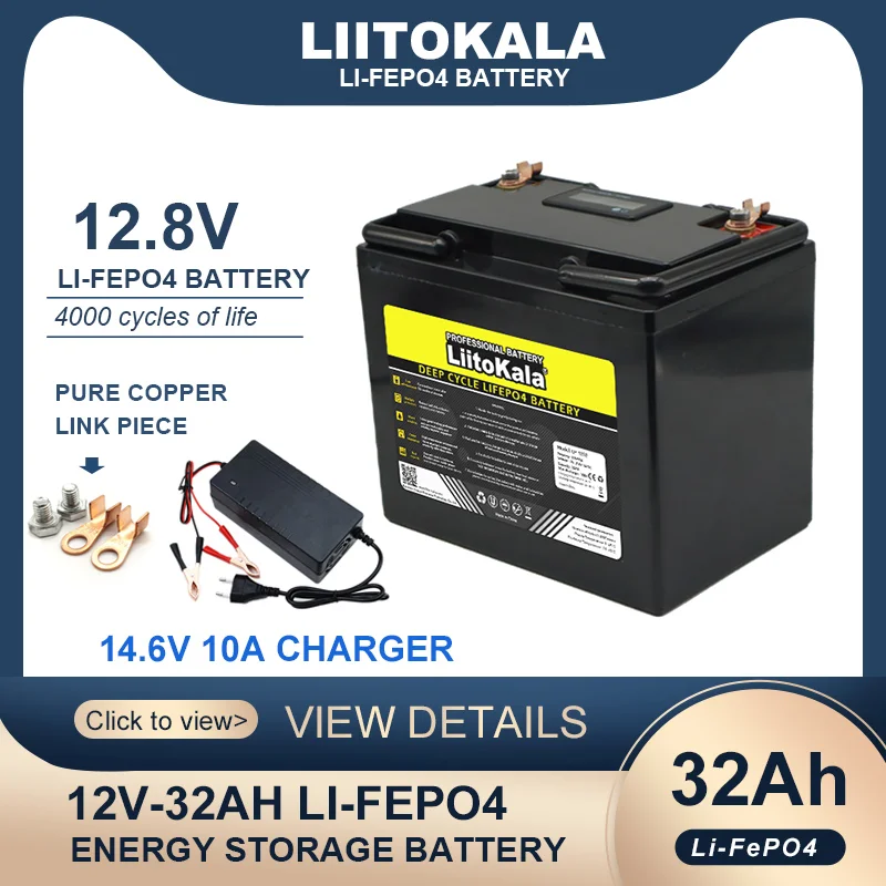 LiitoKala 12.8V 32AH LiFePO4 Battery12V 256w with BMS Lithium Iron Phosphate Batteries for Golf cart Solar Wind 14.6v Charger