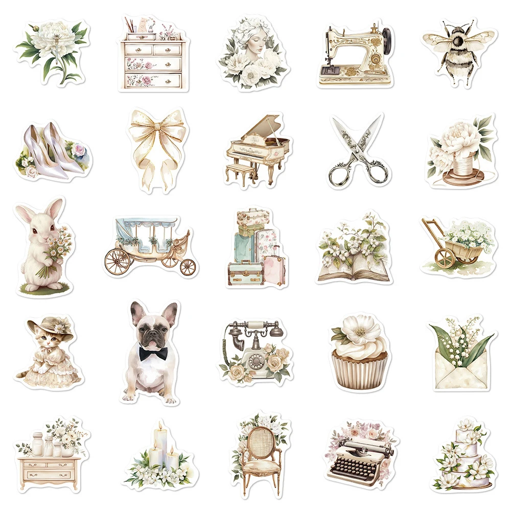 10/30/50개 인스 스타일 화이트 아트 파스토럴 라이프 스티커 레트로 미학 스티커 여행가방 기타 전화 그래피티 데칼 장식
