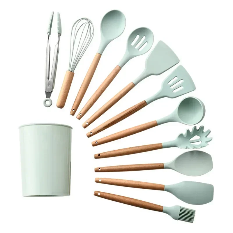 12-piece Set Wooden Handle Silicone Kitchen Utensils Silicone Kitchen Utensils Non-stick Pan Cooking Spatula Baking Storage Tool