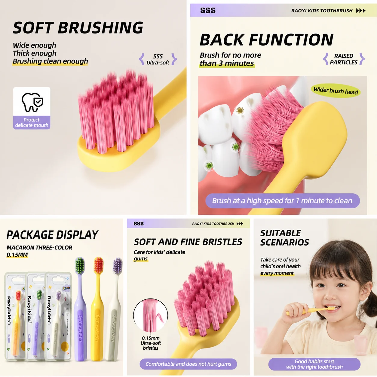 Macaron colorful children's soft-bristle toothbrush, with 0.01 mm-thin bristle tipsand a filament diameter of 0.15 mm