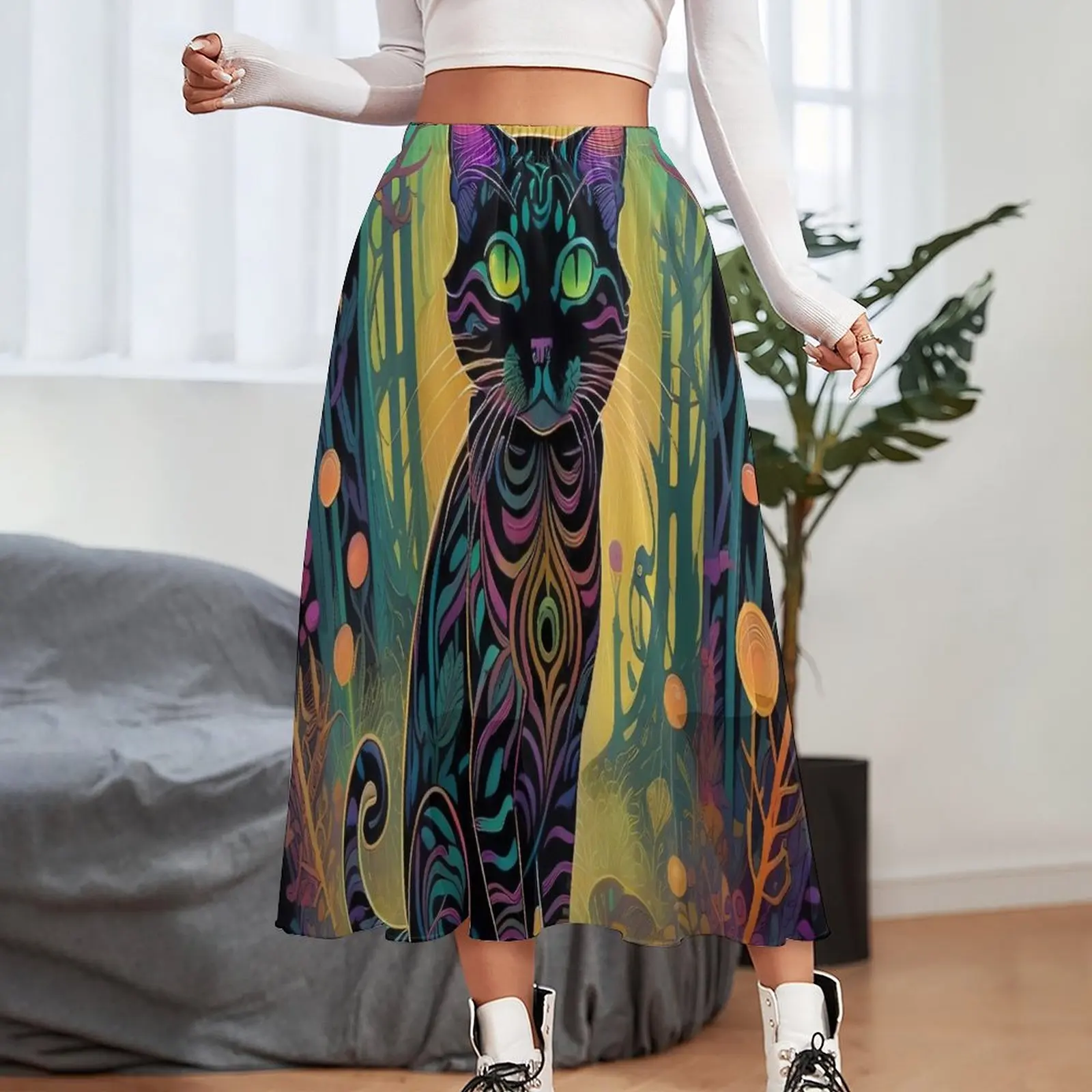 Magic Cats in The Forest Chiffon Skirt Psychadelic Print Aesthetic Long Skirts Ladies Boho Skirt Design Bottoms Birthday Present